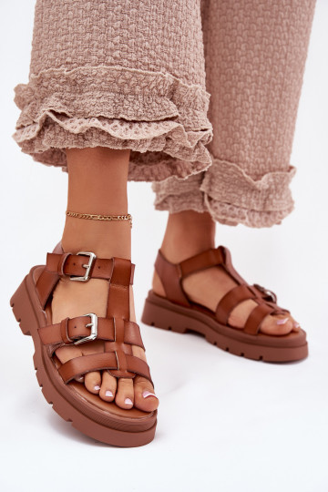 Dames sandalen Eko Leer met gespen bruine kleur Jeneliena