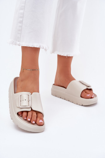 Zandkleurige dames lichte slippers met platform en gespen, „Viasara" 2