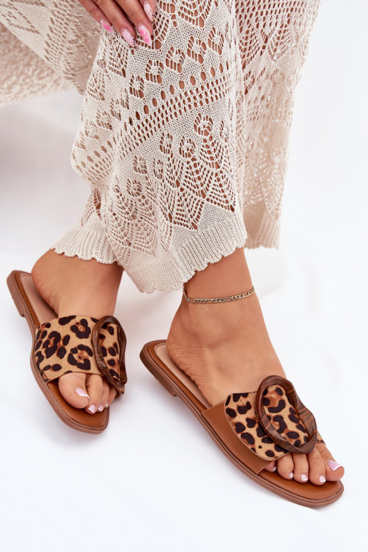 Slippers Dames plat versieren met gespen met luipaardbontpatronen LuInam Slippers Dames plat versieren met gespen met luipaardbontpatronen LuInam