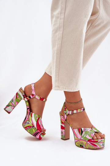 Geprinte sandalen met hakjes en plateau Slaria roze en groen