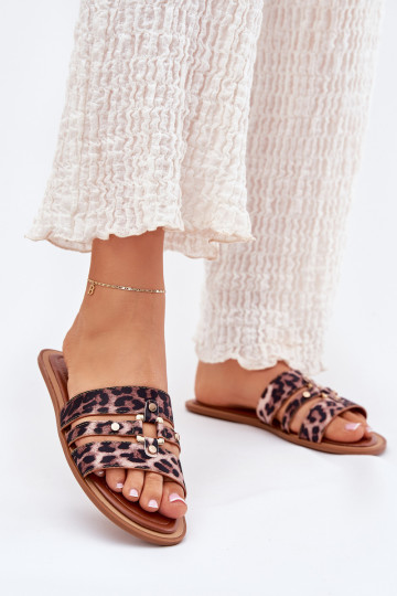 Platte dames slippers met gouden details Noroti met luipaardprint 2