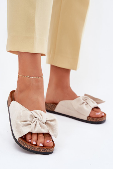 Zandkleurige dames slippers "Seressa" op kurken zool met strik
