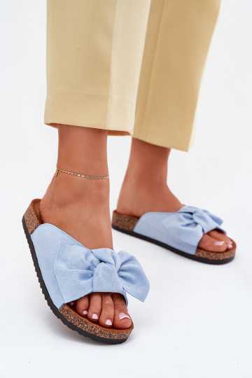 Blauwe dames slippers "Seressa" op kurken zool met strik 2