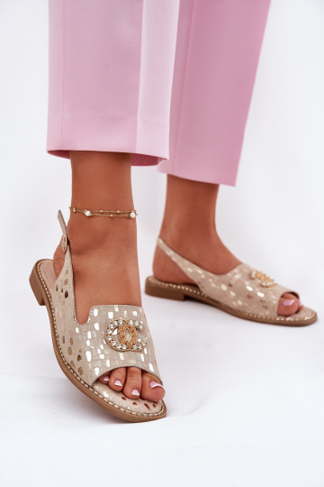 Dames sandalen met ornamenten met brede hakken S.Barski KV51-096 gouden kleur