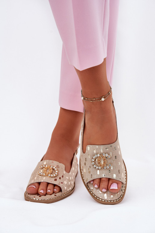 Dames sandalen met ornamenten met brede hakken S.Barski KV51-096 gouden kleur Dames sandalen met ornamenten met brede hakken S.Barski KV51-096 gouden kleur