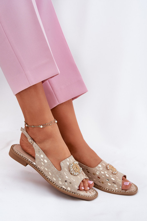 Dames sandalen met ornamenten met brede hakken S.Barski KV51-096 gouden kleur Dames sandalen met ornamenten met brede hakken S.Barski KV51-096 gouden kleur
