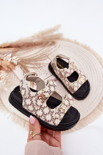 Kinderen slippers met klittenbandsluiting en gouden details in zandkleur