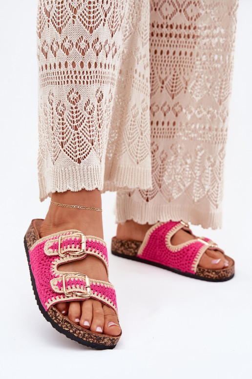 SzydełkoIne Damespantoffels Ze gouden kleurmi met gespenmi roze Fenira SzydełkoIne Damespantoffels Ze gouden kleurmi met gespenmi roze Fenira