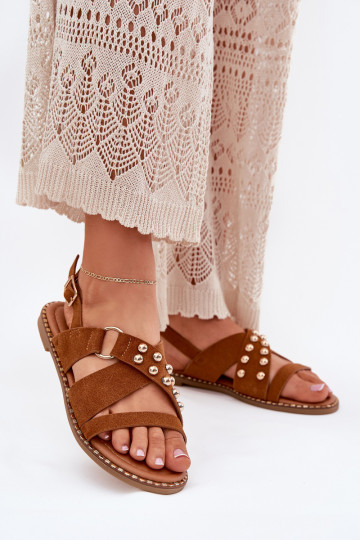 Dames sandalen met brede hakken Ze gouden kleurmi Studs bruine kleur Zanira 2