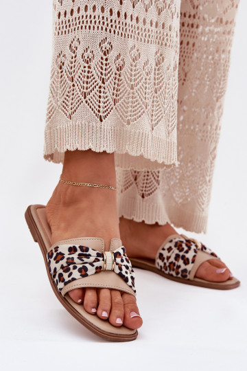 Damespantoffels met brede hakken met linten beige Avenza