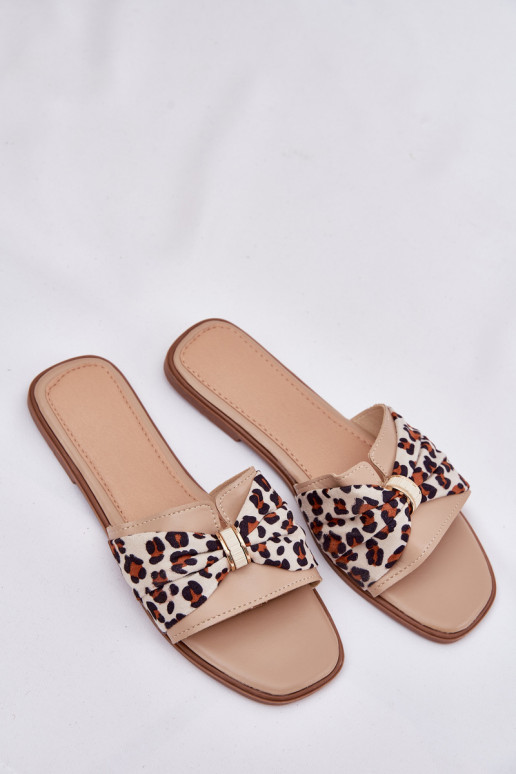 Damespantoffels met brede hakken met linten beige Avenza