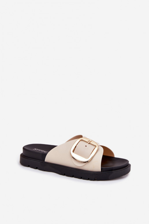 Damespantoffels met platform met gouden gespen beige Jovira Damespantoffels met platform met gouden gespen beige Jovira