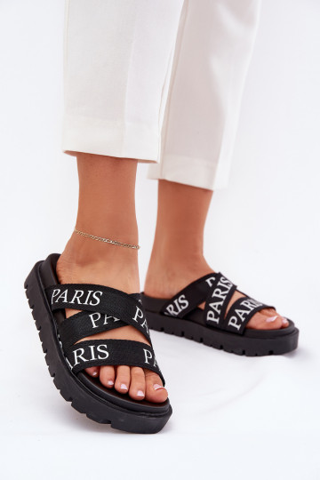Dames slippers met stoffen bandjes en platform zwarte kleur Celinea 2
