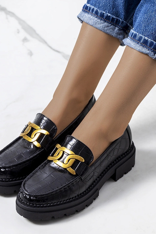 Zwarte mocassins op hoge zool, „Zanen"