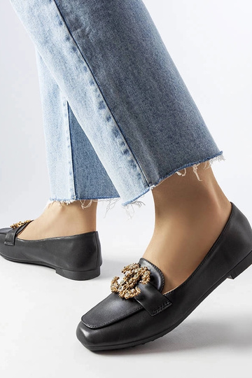 Sorte dame loafers i læder med zirkoner Neuer