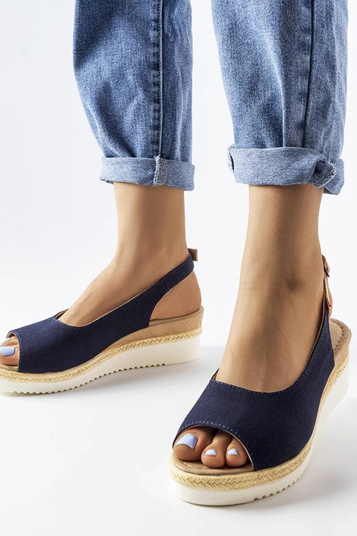 Donkerblauwe sandalen op een plateau,...