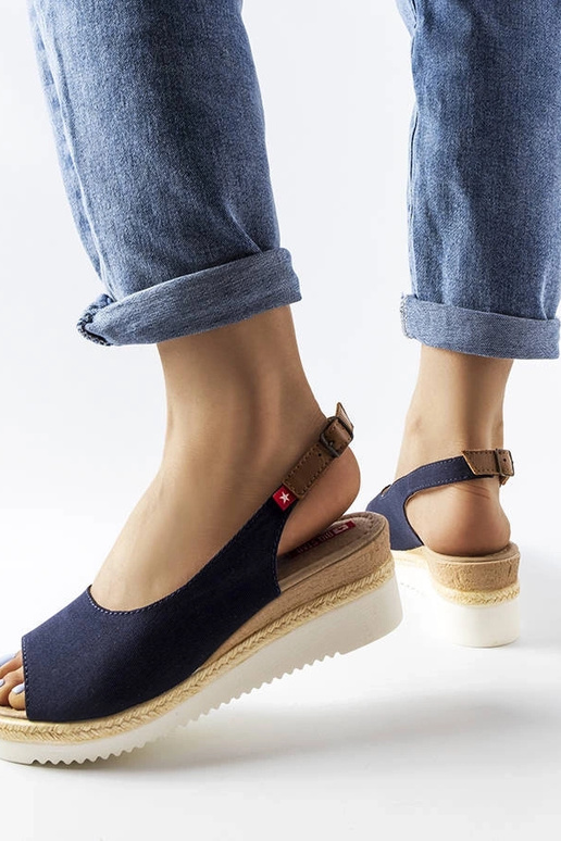 Donkerblauwe sandalen op een plateau,...