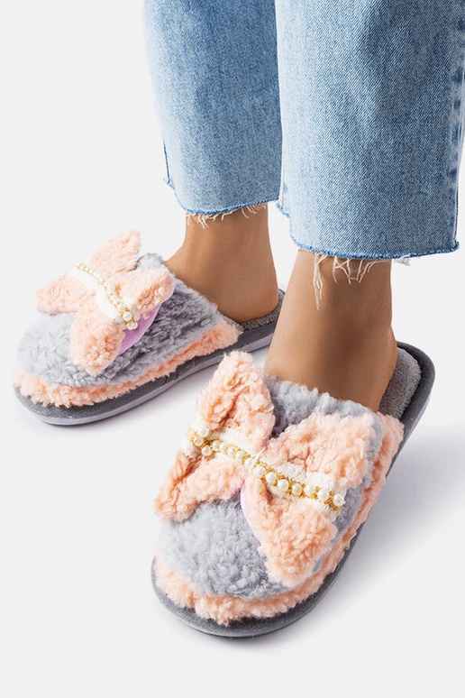 Grå og lyserøde hjemmesko med sløjfe
