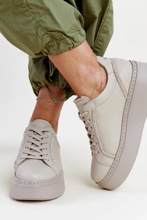 Donkerbeige leren sneakers met...