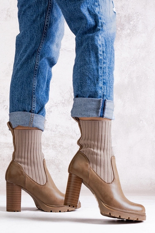 Mørkebeige ankelstøvler med blokhæl...