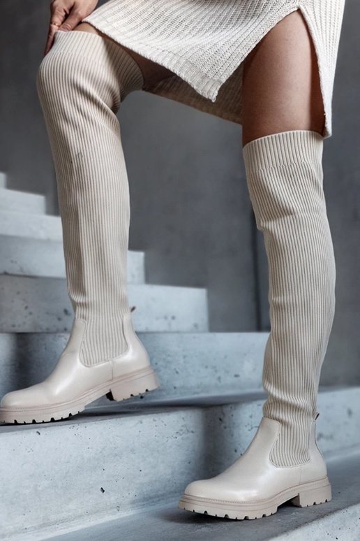 Beige lange laarzen met elastische...