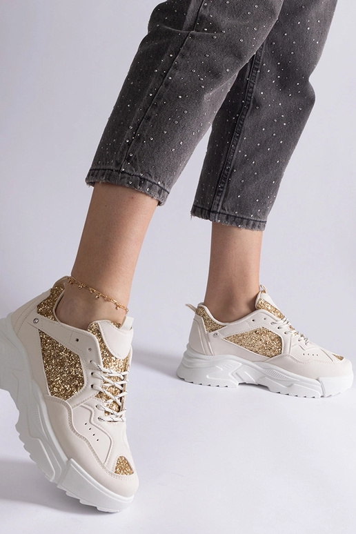 Beige damesneakers med glitterindlæg...
