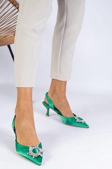 Grønne satin pumps med åben hæl og elegant Melossi udsmykning 2