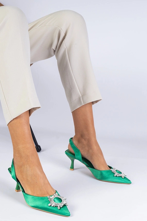 Grønne satin pumps med åben hæl og...
