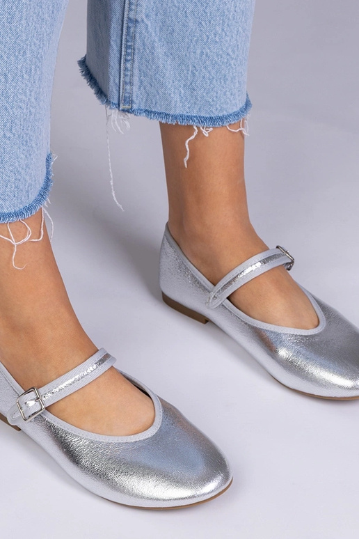 Zilveren dames ballerina's met gesp,...
