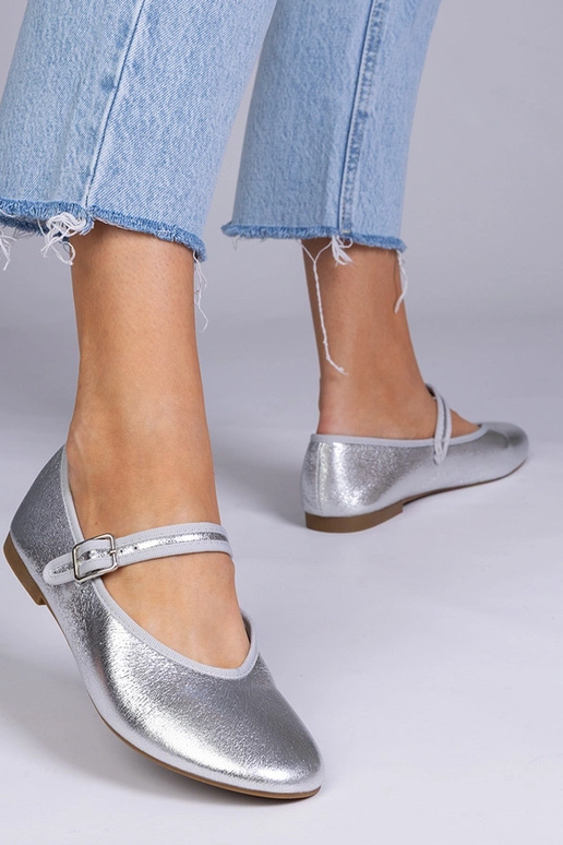 Zilveren dames ballerina's met gesp,...
