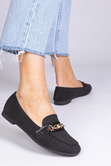 Zwarte mocassins van synthetische suede met gouden versiering, "Daliana" 2