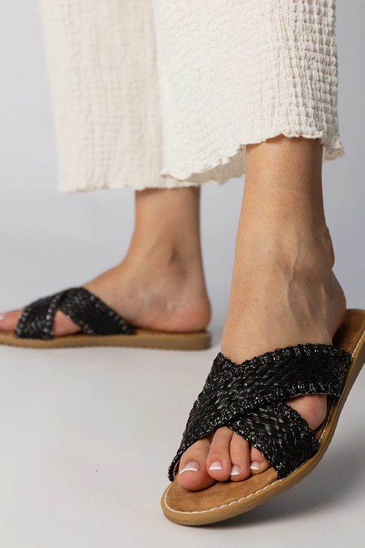 Zwarte dames gevlochten slippers,...