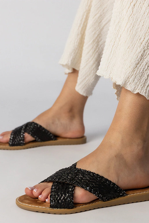 Zwarte dames gevlochten slippers,...