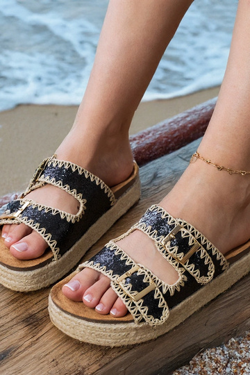 Zwarte espadrilleslippers met glitter en gespen, „Induri" 2