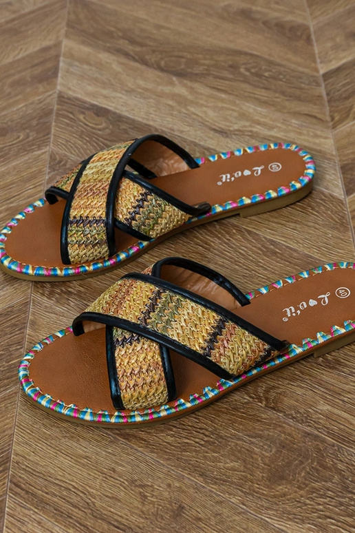 Zwarte platte slippers met kleurrijke... Zwarte platte slippers met kleurrijke...