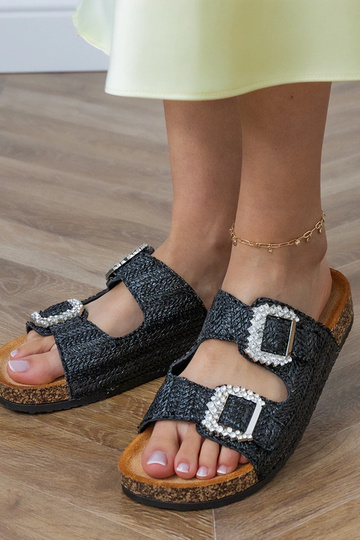 Zwarte slippers op kurken zool met zirconia op gespen Tea 2
