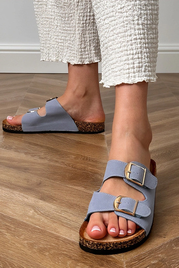 Blauwe slippers met gespen op kurken zool Cloud