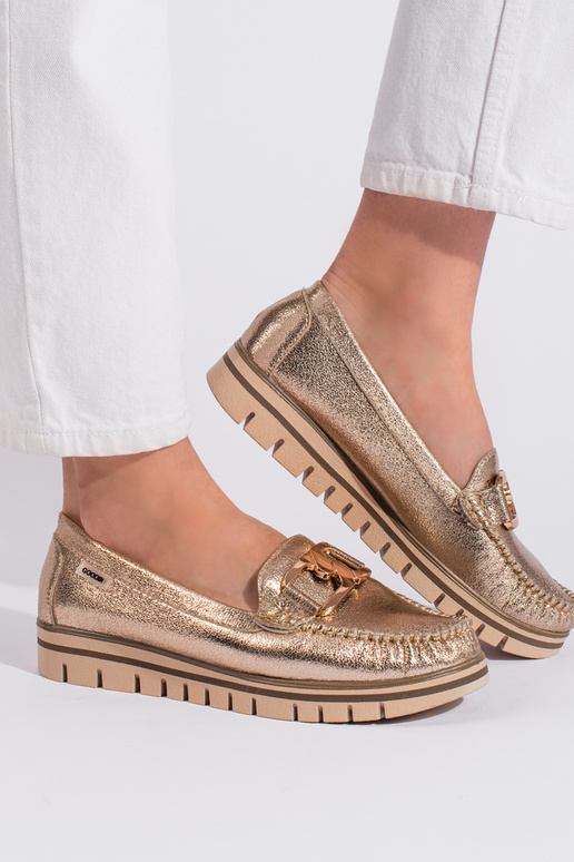 goudkleurige damesmocassins met plateau