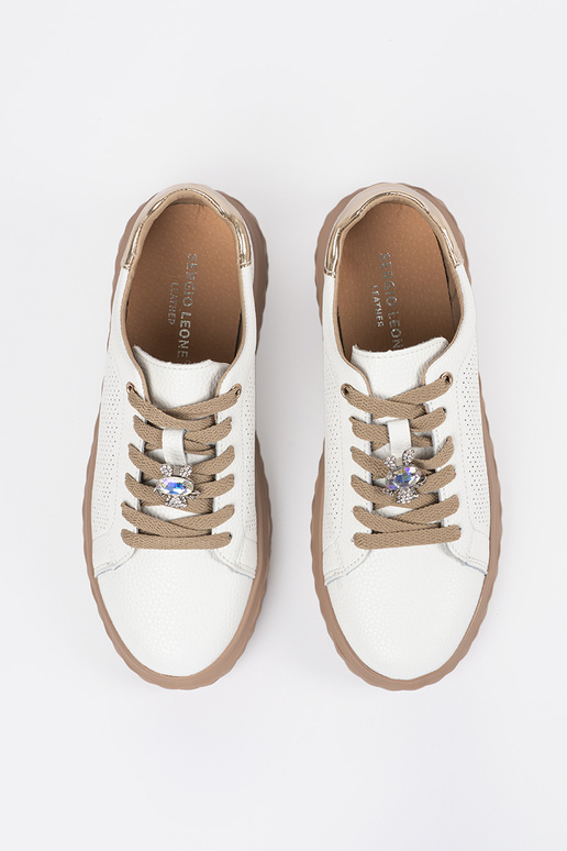 Witte-beige leren dames sneakers met... Witte-beige leren dames sneakers met...