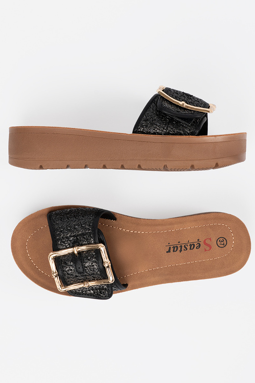 Zwarte slippers met gouden gesp