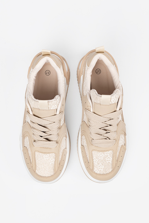 Zandkleurige dames sneakers met veters Zandkleurige dames sneakers met veters