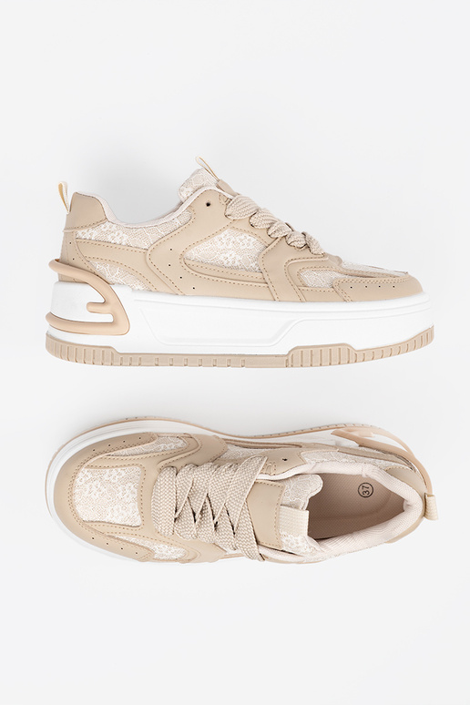 Zandkleurige dames sneakers met veters Zandkleurige dames sneakers met veters