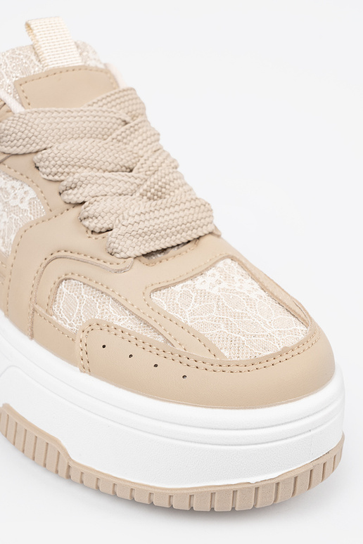 Zandkleurige dames sneakers met veters Zandkleurige dames sneakers met veters