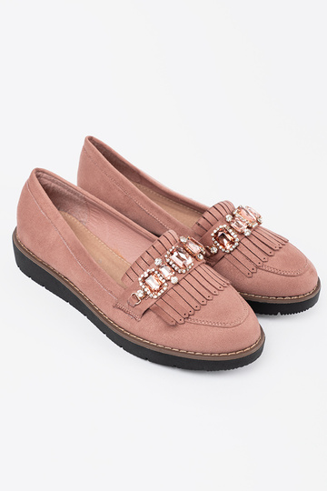 roze van suède Dames mocassins versierd met kristallen