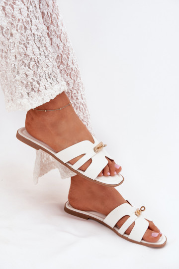 Witte platte dames slippers met strepen en gouden details Kerenza