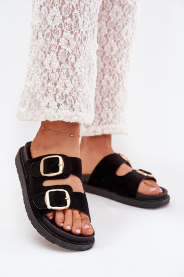 Zwarte dames pantoffels met platform, gouden gespen Verena 2