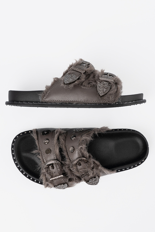 grijs slippers met bont i ćIniekami