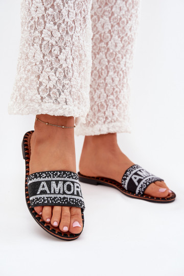 Dames slippers met brede hakken en Amore decoratie in zwart Avelina 2