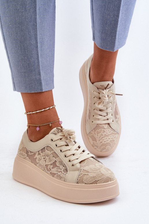 met kantmotieven Sneakers model schoenen Dames met platform S.Barski HY025 beige
