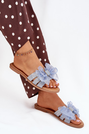 Dames slippers met brede hakken en tule strik van denim Tanira
